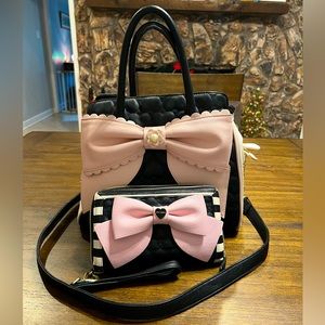 Betsey Johnson black bow purse, heart stitching, with matching wristlet wallet!!
